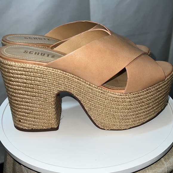 NEW SCHUTZ Tan Leather Jute Wrapped Platform Espadrille Sandals - Picture 4 of 6